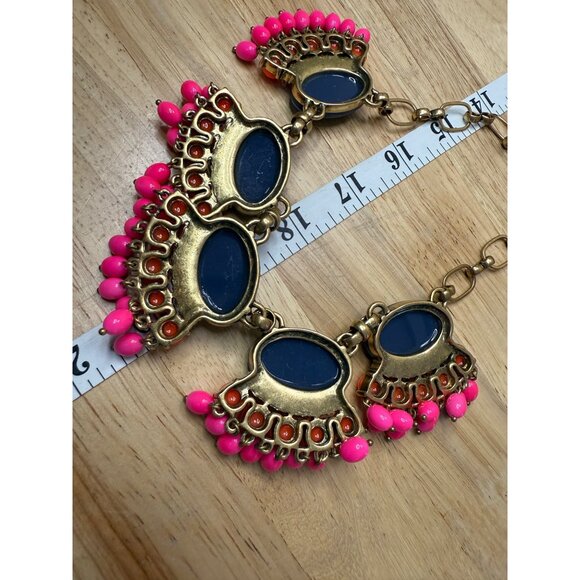 J. Crew Statement Necklace With Gold Chain Blue Stones Orange & Pink Beads Rhine - Picture 4 of 13